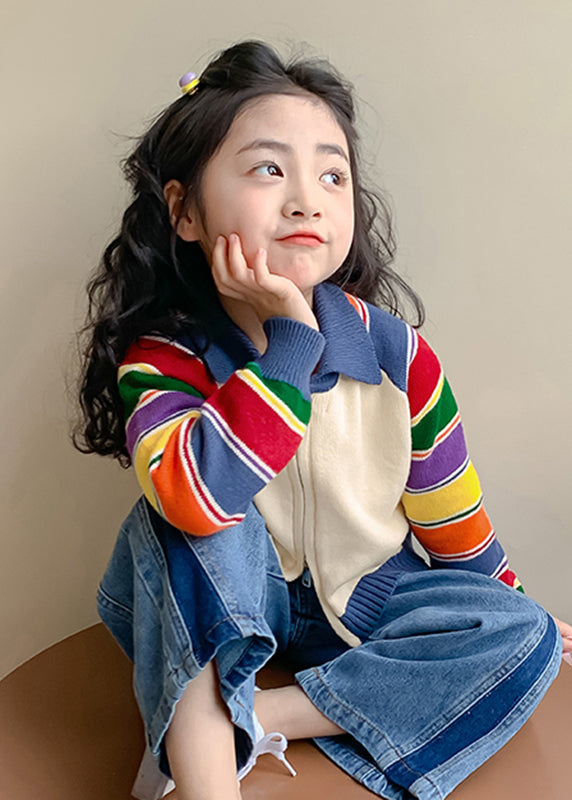 Cardigan en tricot de coton à rayures arc-en-ciel pour enfants, col Peter Pan, printemps TP029