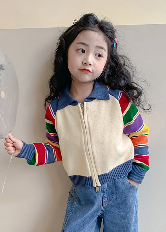 Cardigan en tricot de coton à rayures arc-en-ciel pour enfants, col Peter Pan, printemps TP029