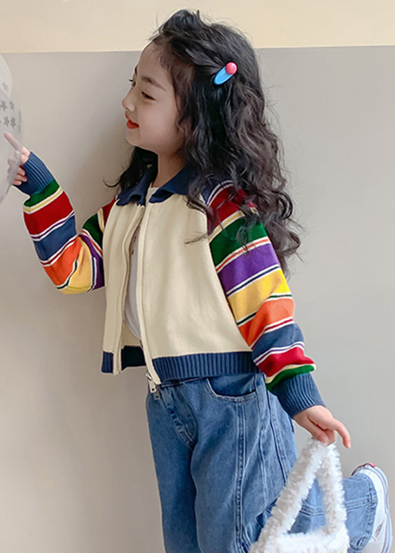 Cardigan en tricot de coton à rayures arc-en-ciel pour enfants, col Peter Pan, printemps TP029