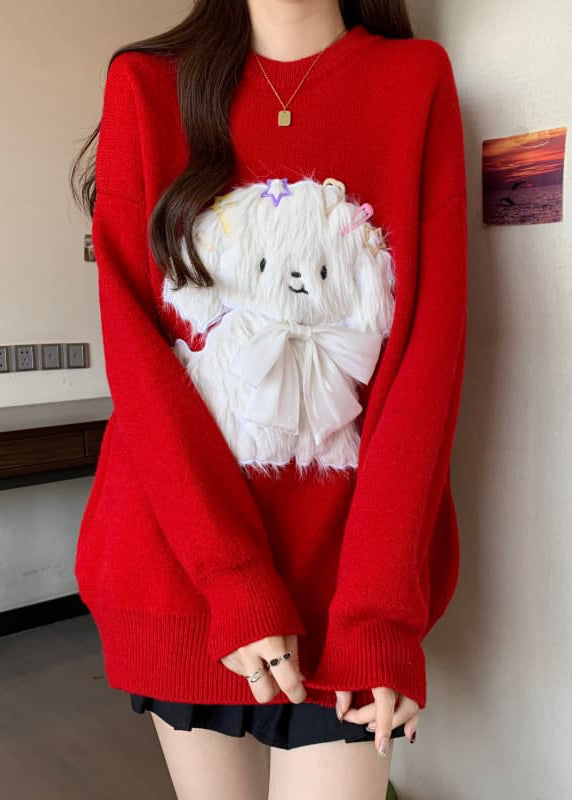 Mode Rot O Neck Hunde Lose Stricken Pullover Frühling TN032