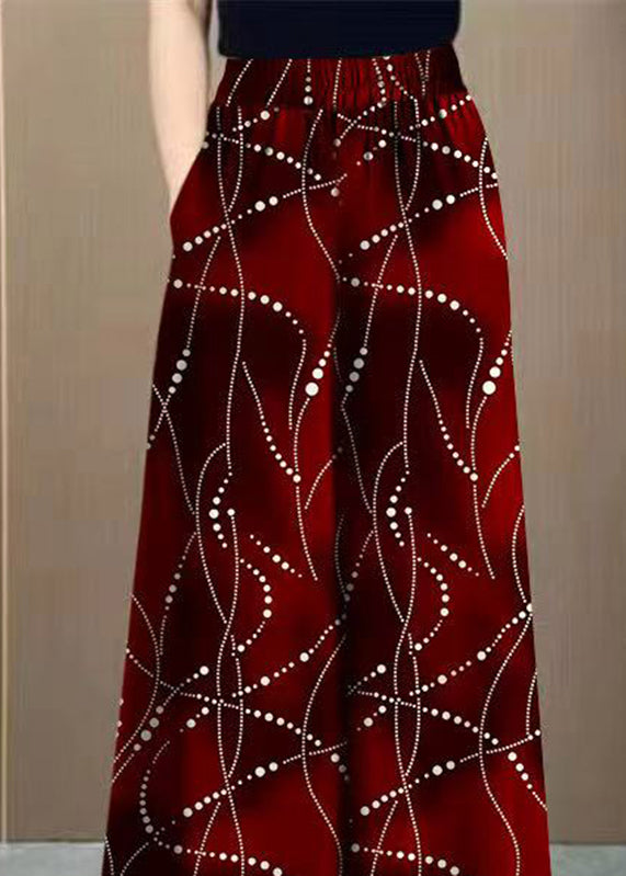 Pantalon large drapé rouge en soie imprimée, taille haute tendance