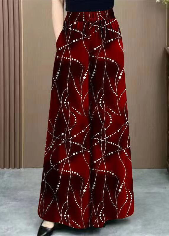Pantalon large drapé rouge en soie imprimée, taille haute tendance