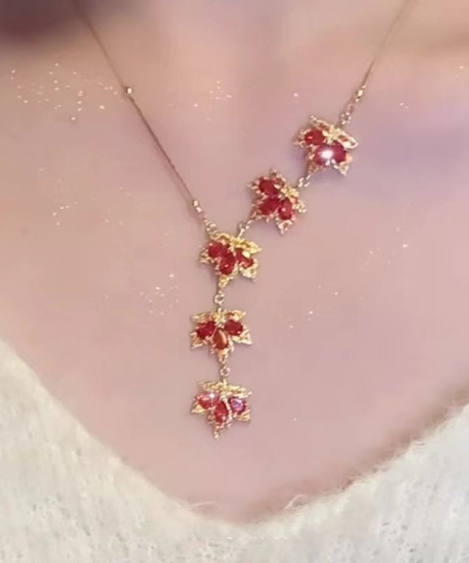 Mode Rot Sterling Silber Overgild Maple Leaf Anhänger Halskette RA031