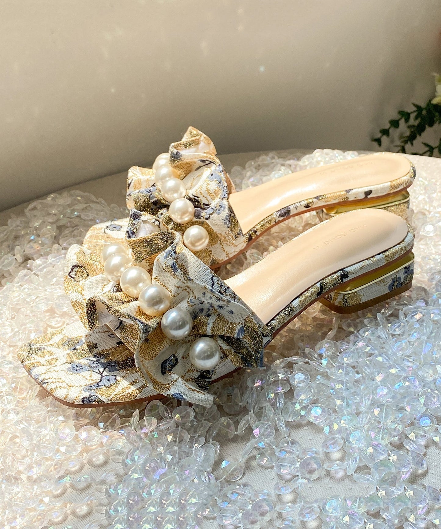 Toe Ruffled Peep Chunky Sandals Slide Pearl Fashion