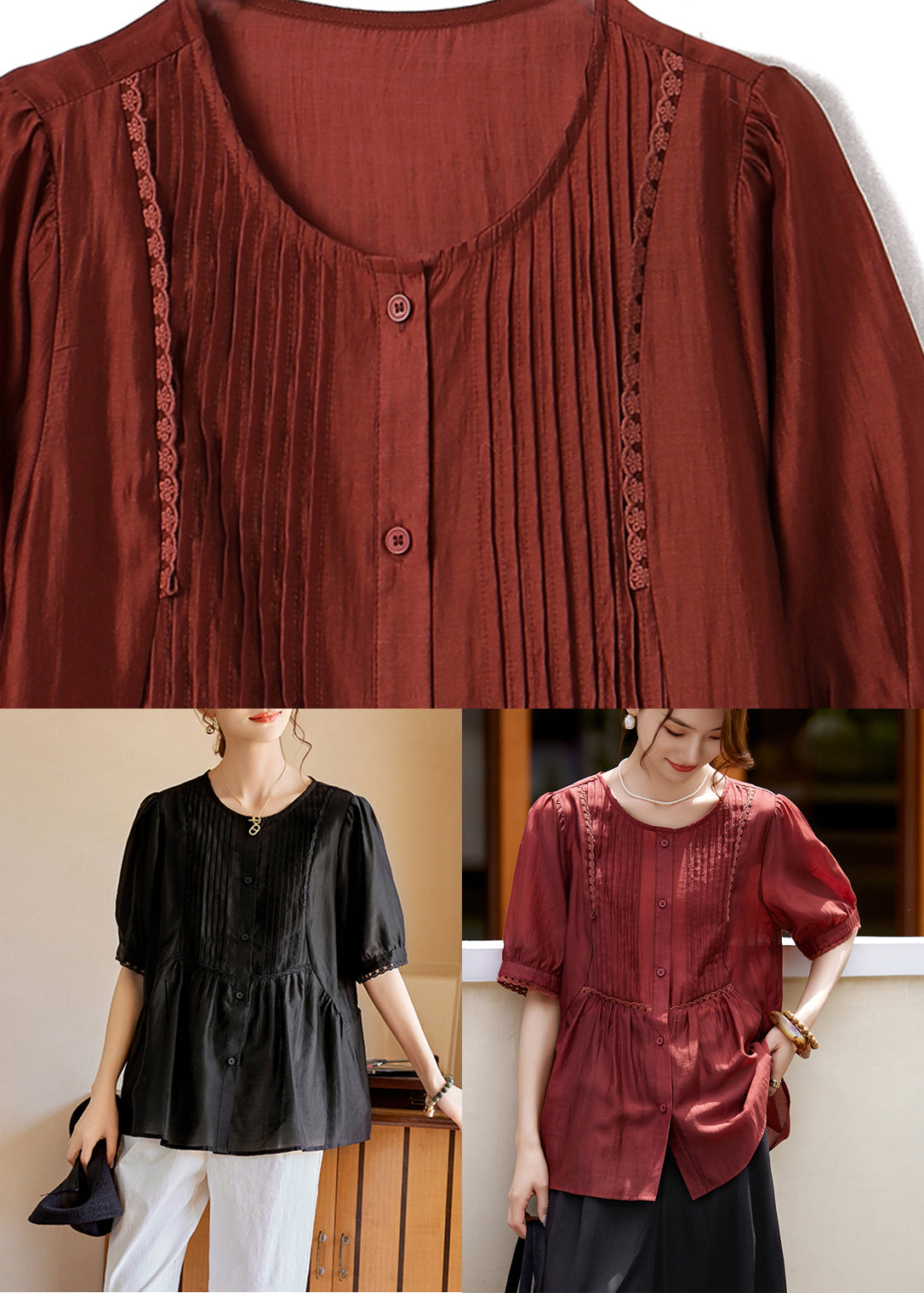 Mode Rost Spitze Patchwork Taste Seide Hemd Sommer WW048