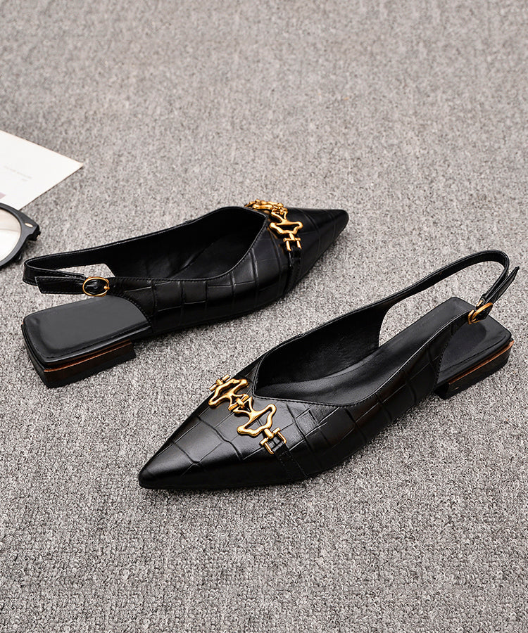Black Fashion Cowhide Sandals Leather Splicing Sequined Pointed