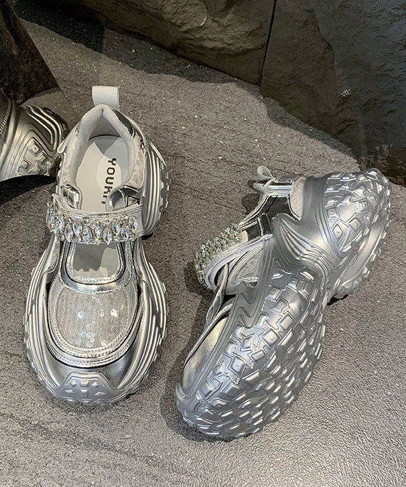 Mode Silber Plattform Pailletten Zirkon Atmungsaktives Mesh Sport Schuhe QK054