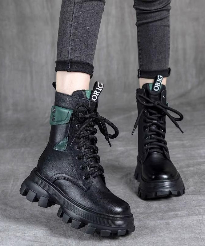 Bottes à plateforme en cuir de vachette noir à lacets RX023