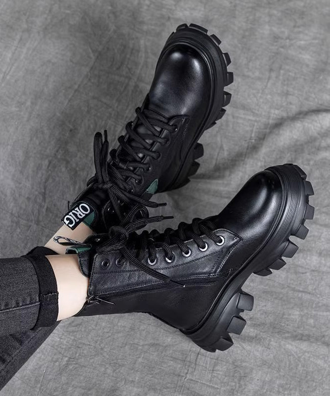 Bottes à plateforme en cuir de vachette noir à lacets RX023