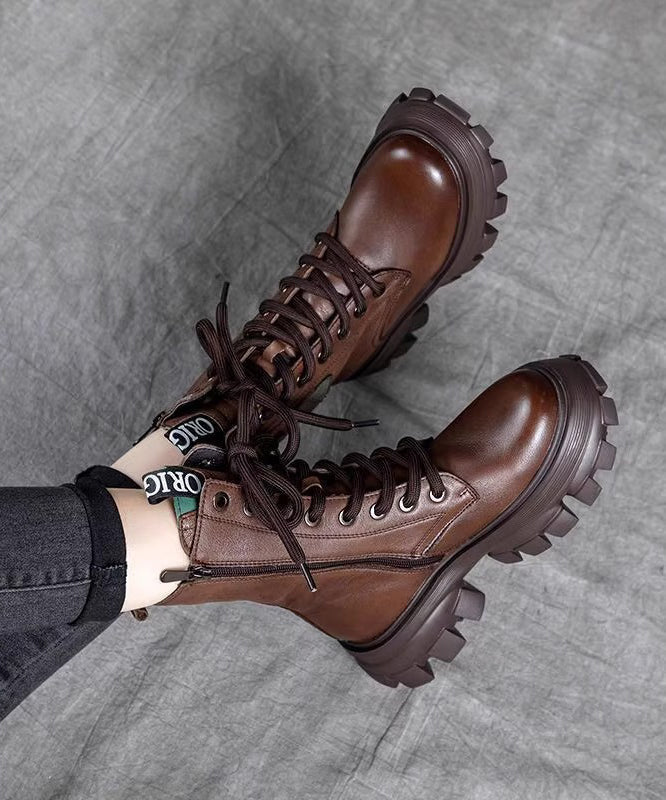 Bottes à plateforme en cuir de vachette noir à lacets RX023