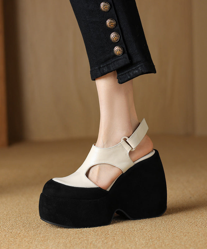 Cowhide White Leather Splicing Sandals Fashion Platform Hollow