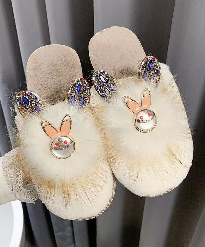 Mode Spleißen Hausschuhe Schuhe Khaki Fuzzy Pelz Zirkon RX019