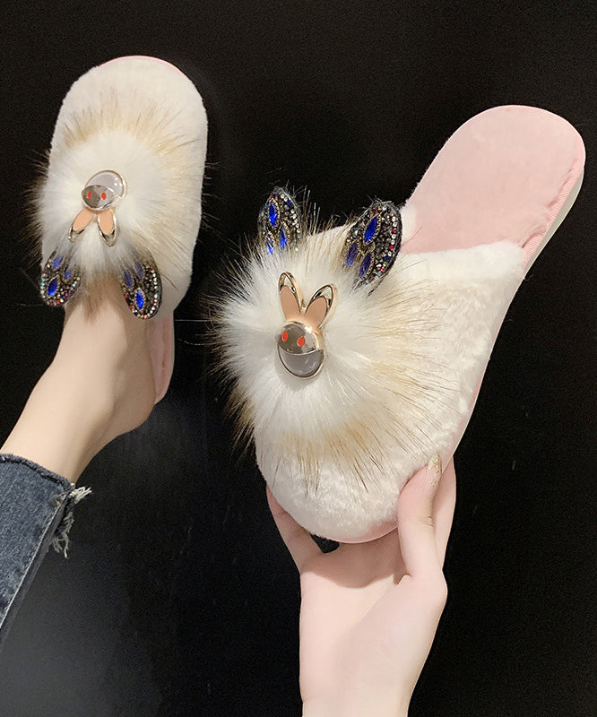 Mode Spleißen Hausschuhe Schuhe Khaki Fuzzy Pelz Zirkon RX019