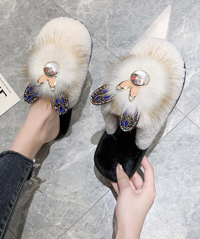 Mode Spleißen Hausschuhe Schuhe Khaki Fuzzy Pelz Zirkon RX019
