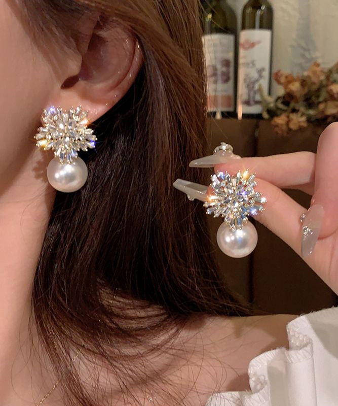 Fashion White Alloy Zircon Snowflake Pearl Stud Earrings YX010
