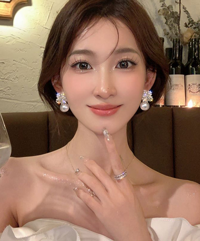 Fashion White Alloy Zircon Snowflake Pearl Stud Earrings YX010