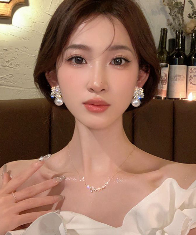 Fashion White Alloy Zircon Snowflake Pearl Stud Earrings YX010