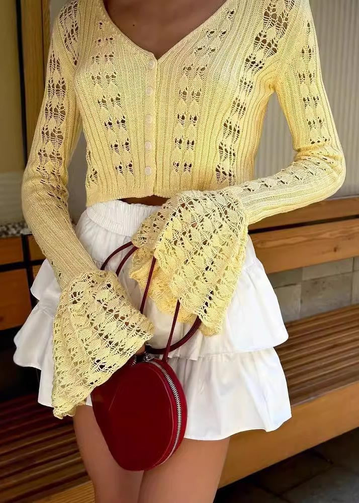 White Hollow Out Knit Sleeve Shirts Fashion Flare