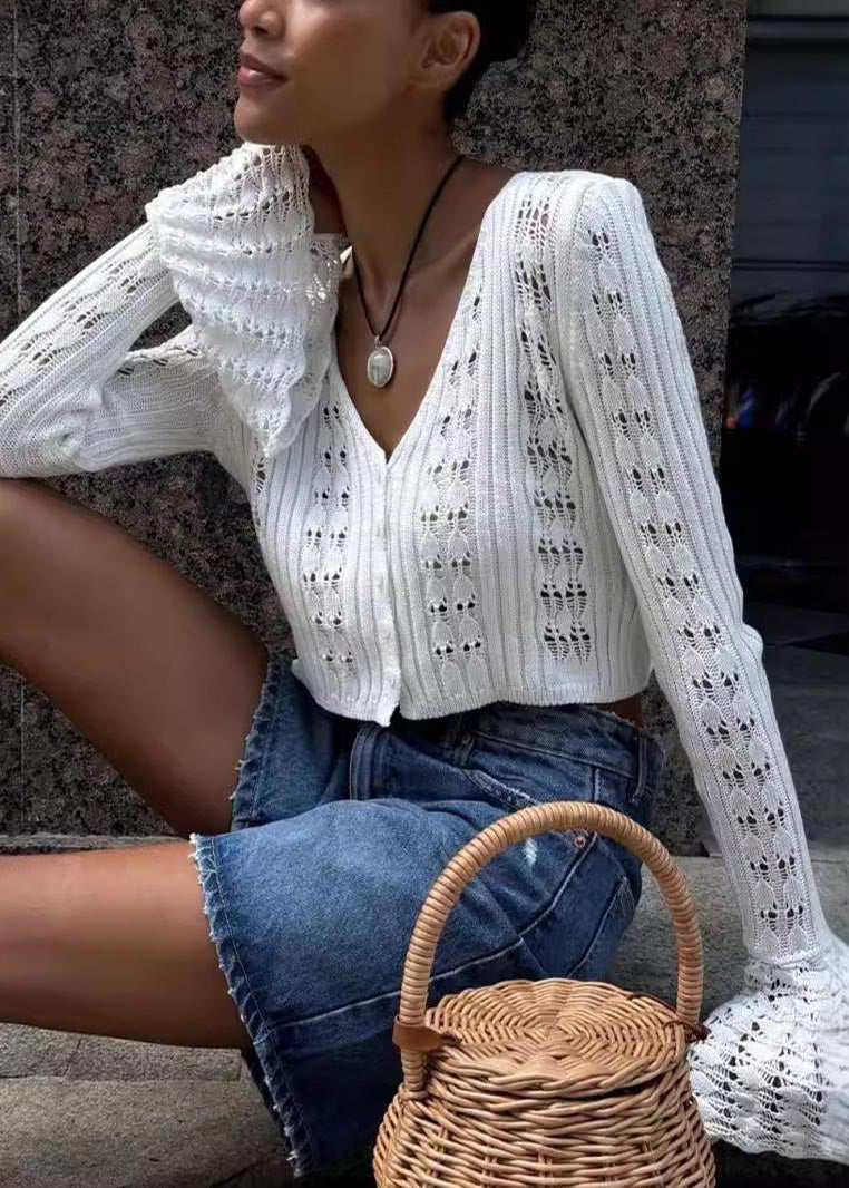 White Hollow Out Knit Sleeve Shirts Fashion Flare