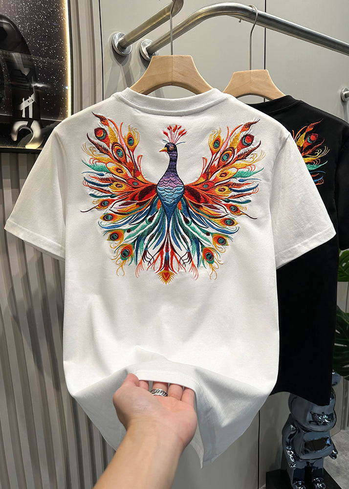 Embroideried Men Summer White Cotton Peacock T Fashion Shirt