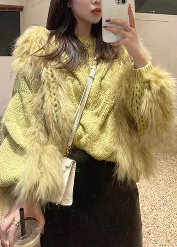Cotton O-Neck Yellow Sweaters Fluffy Fuzzy Fur Knit Fashion Cozy