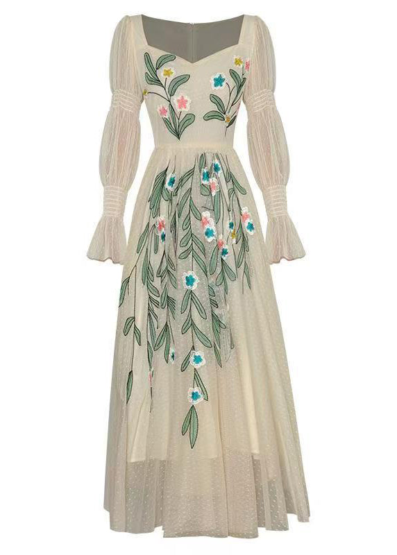 Feines Apricot-Kleid aus besticktem Patchwork-Tüll mit quadratischem Kragen und langen Ärmeln XX074