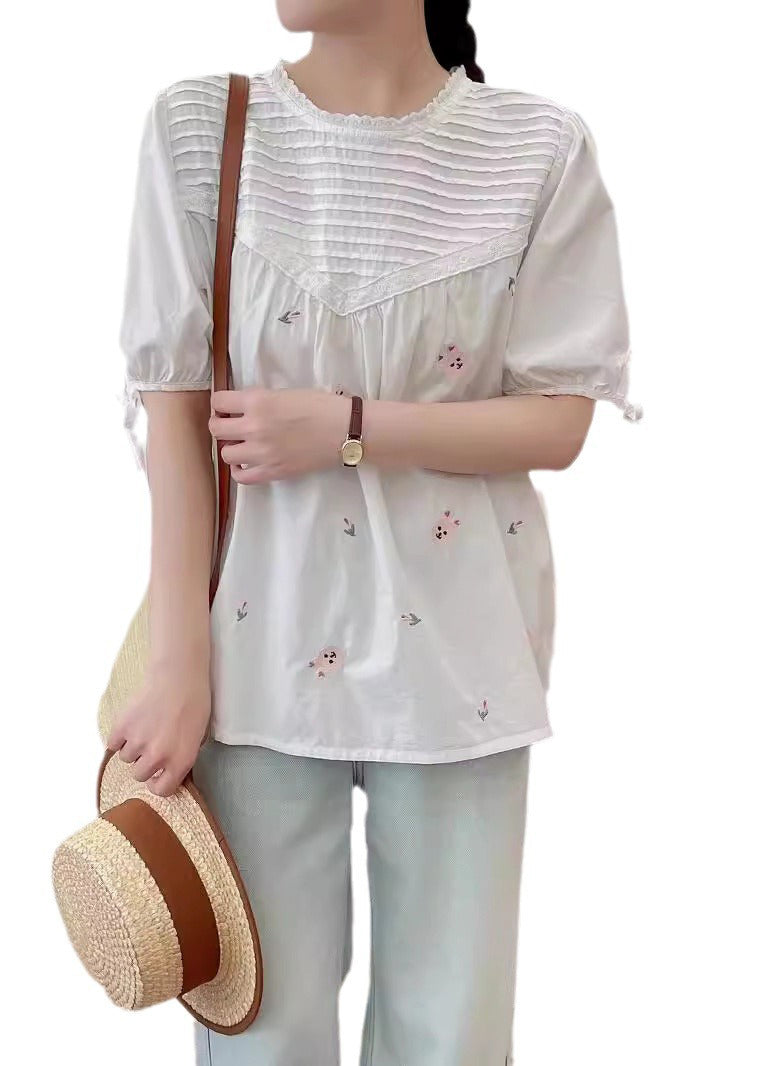 Beige Wrinkled Fine Shirt Summer Embroidered Cotton
