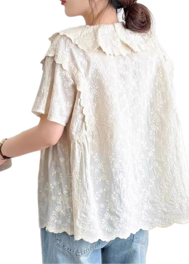 Top Été Col Claudine Brodé Coton Beige Pan Fine