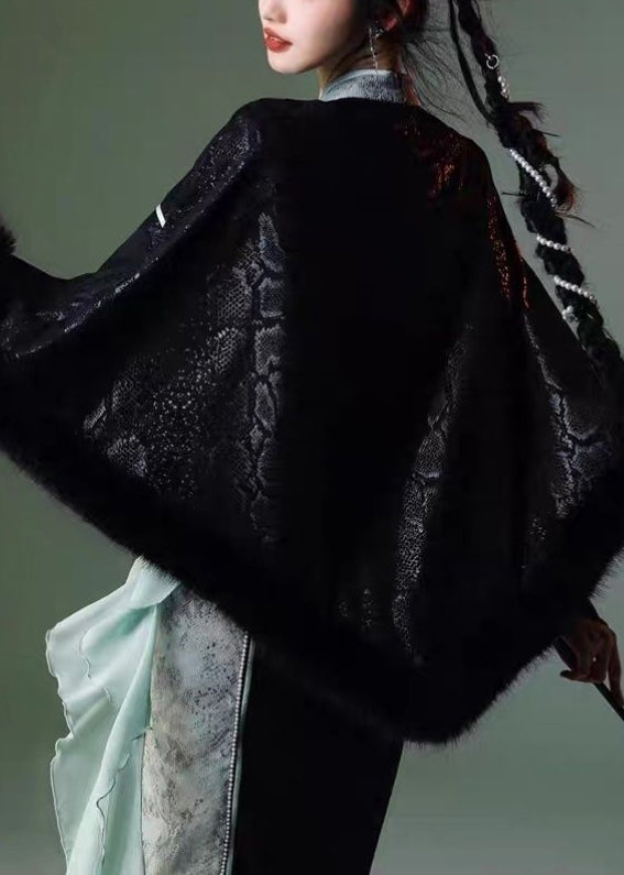 Feine schwarze bestickte Patchwork Faux Wildleder Cape Mäntel Frühling YT035