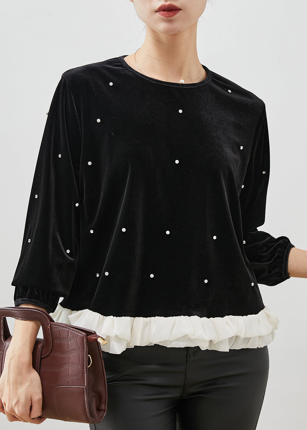 Feine schwarze Rüschen Patchwork Nagel Perlen Velour Bluse Tops Frühling YU1055