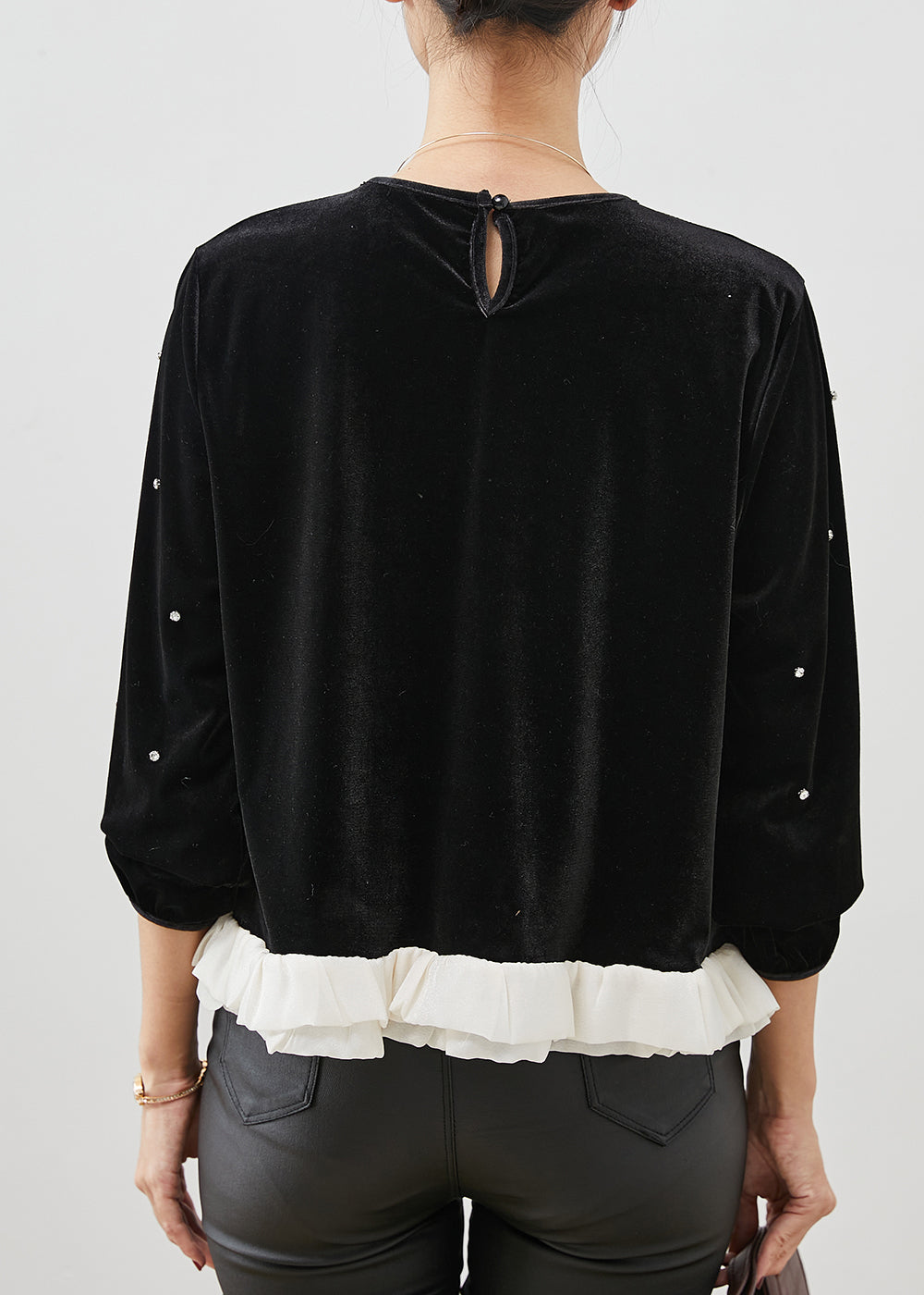 Feine schwarze Rüschen Patchwork Nagel Perlen Velour Bluse Tops Frühling YU1055