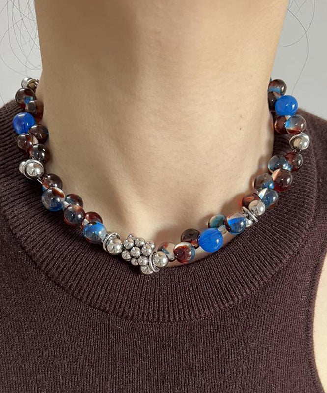 Feine blaue Halskette aus Edelstahl und Acryl WO016