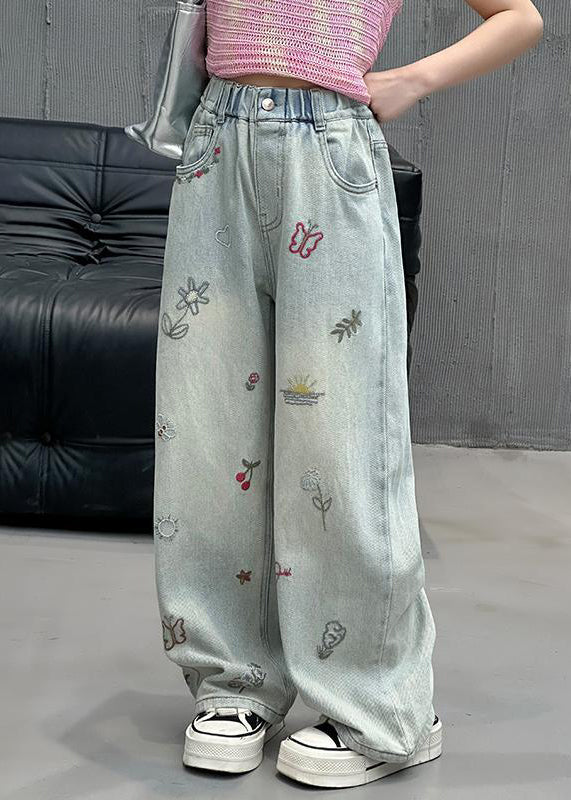 Feiner Denim Blauer Druck Elastische Taille Mädchen Gerade Hosen Frühling TV002