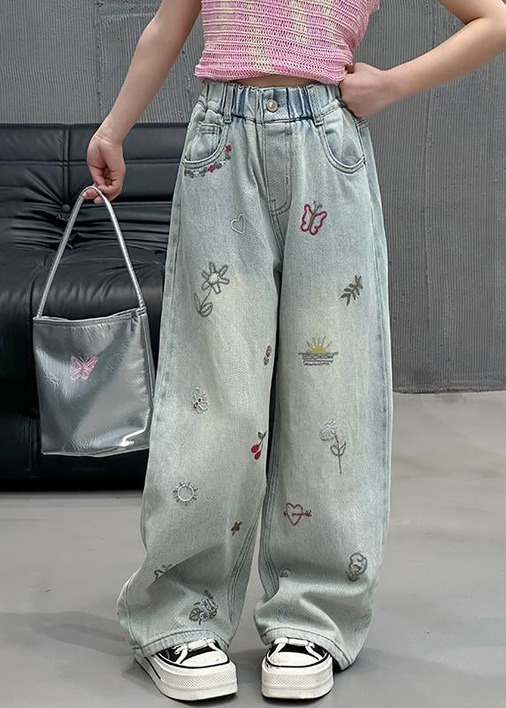 Feiner Denim Blauer Druck Elastische Taille Mädchen Gerade Hosen Frühling TV002