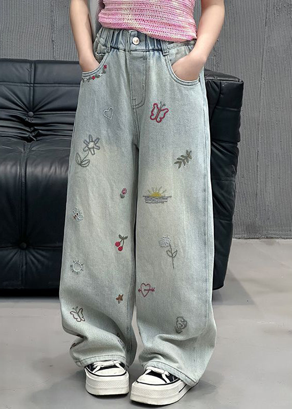 Feiner Denim Blauer Druck Elastische Taille Mädchen Gerade Hosen Frühling TV002