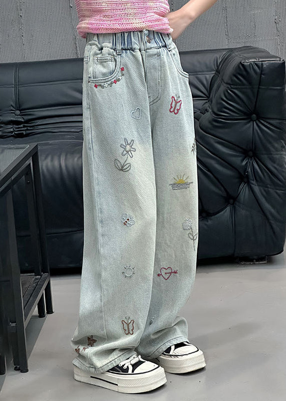 Feiner Denim Blauer Druck Elastische Taille Mädchen Gerade Hosen Frühling TV002
