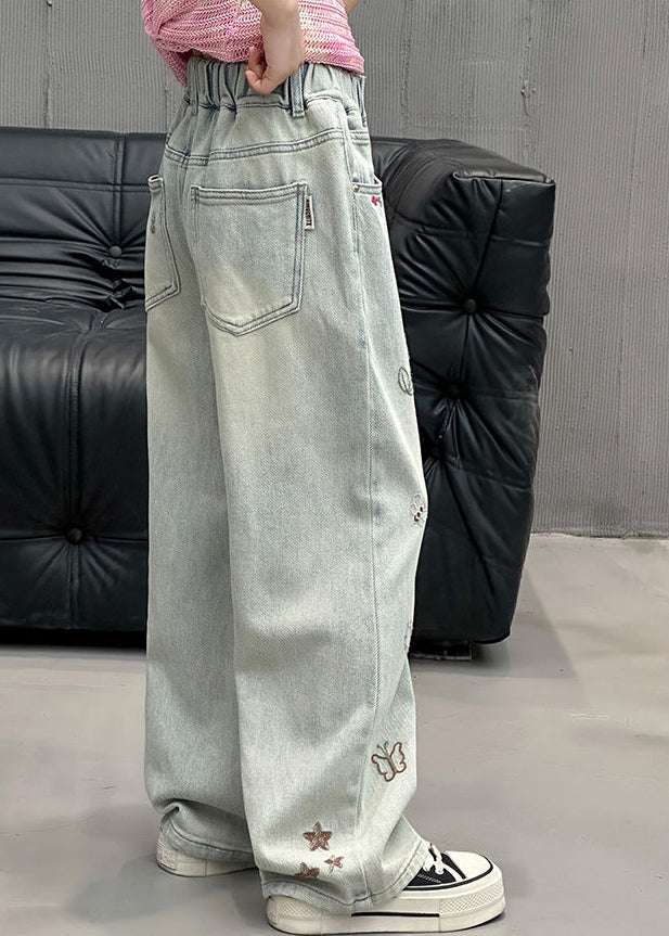 Feiner Denim Blauer Druck Elastische Taille Mädchen Gerade Hosen Frühling TV002