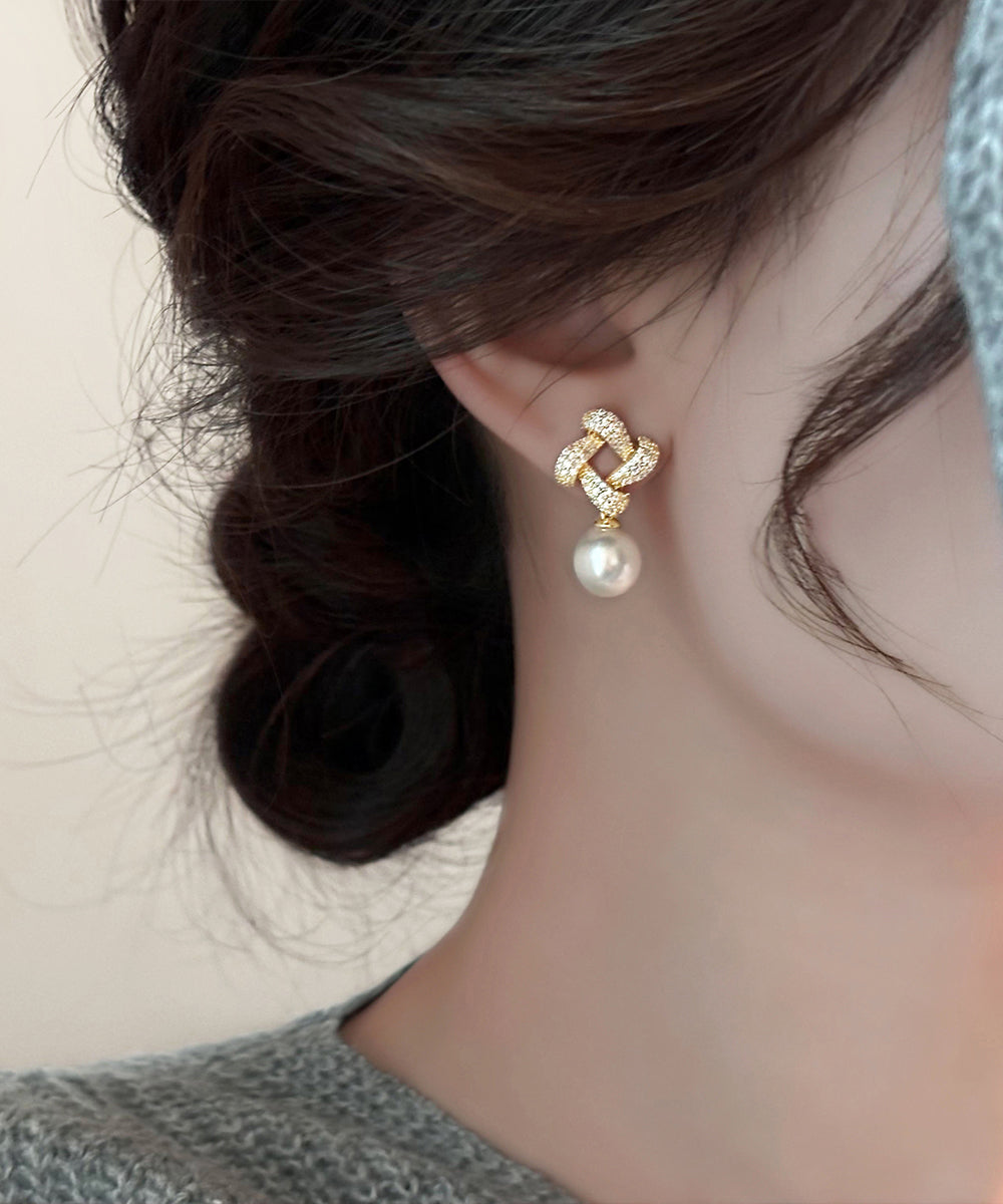 Fine Gold Copper Overgild Zircon Square Pearl Drop Earrings YX014