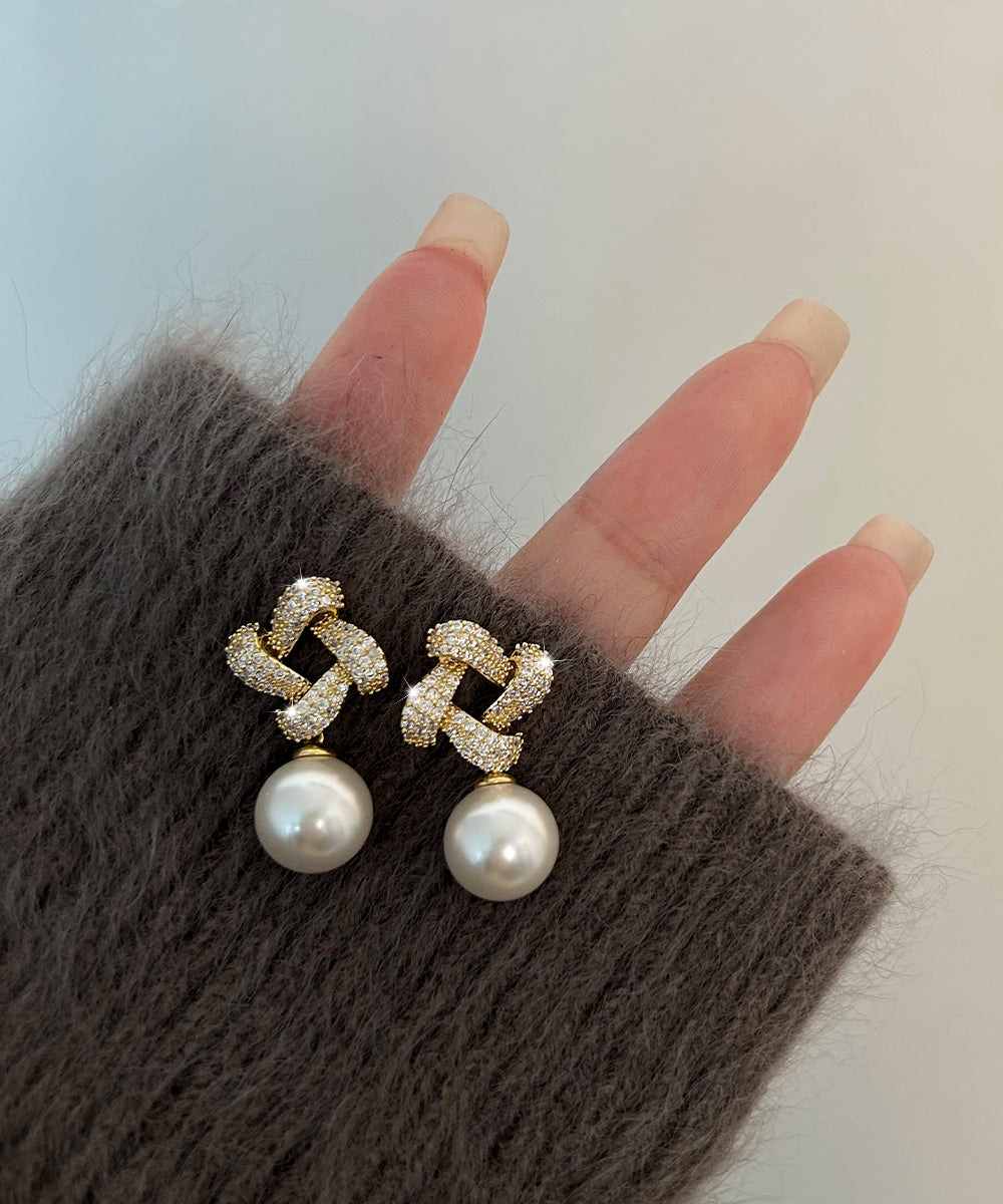 Fine Gold Copper Overgild Zircon Square Pearl Drop Earrings YX014