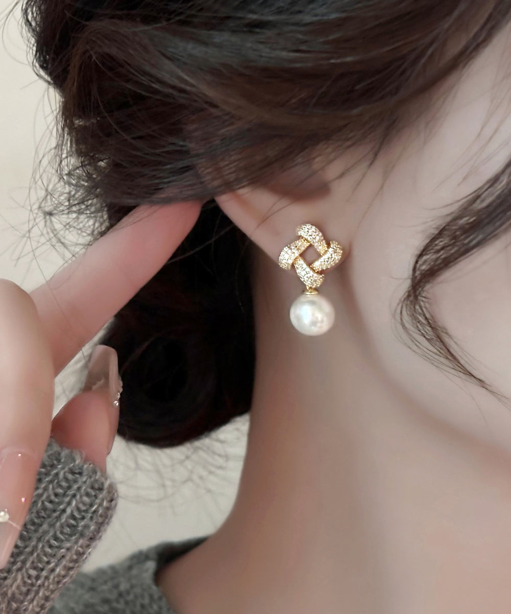 Fine Gold Copper Overgild Zircon Square Pearl Drop Earrings YX014