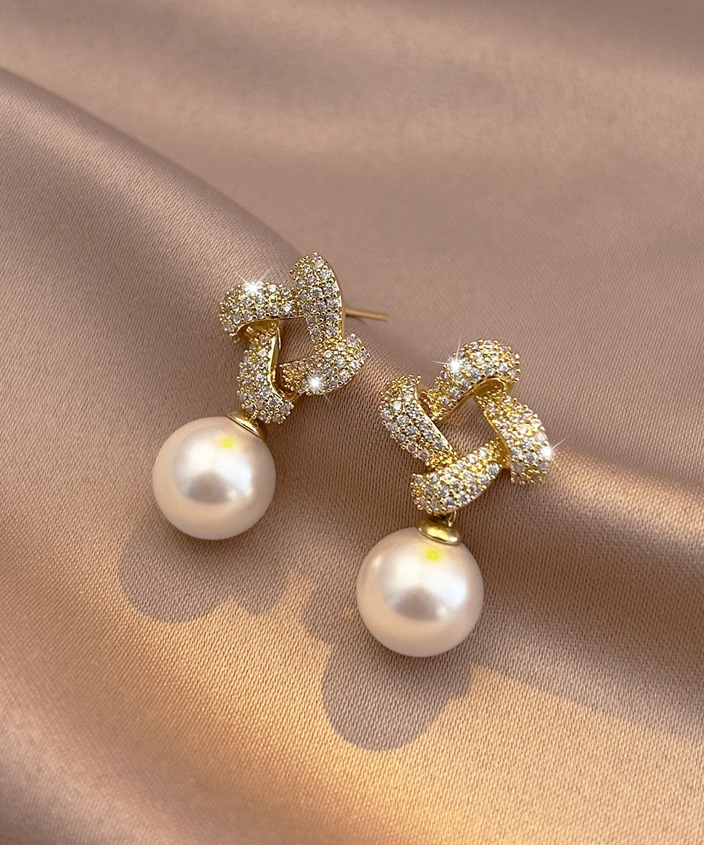 Fine Gold Copper Overgild Zircon Square Pearl Drop Earrings YX014