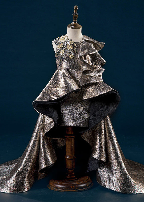 Feines goldenes Patchwork-Maxikleid mit niedrigem und hohem Design für Kinder, ärmellos, YG014