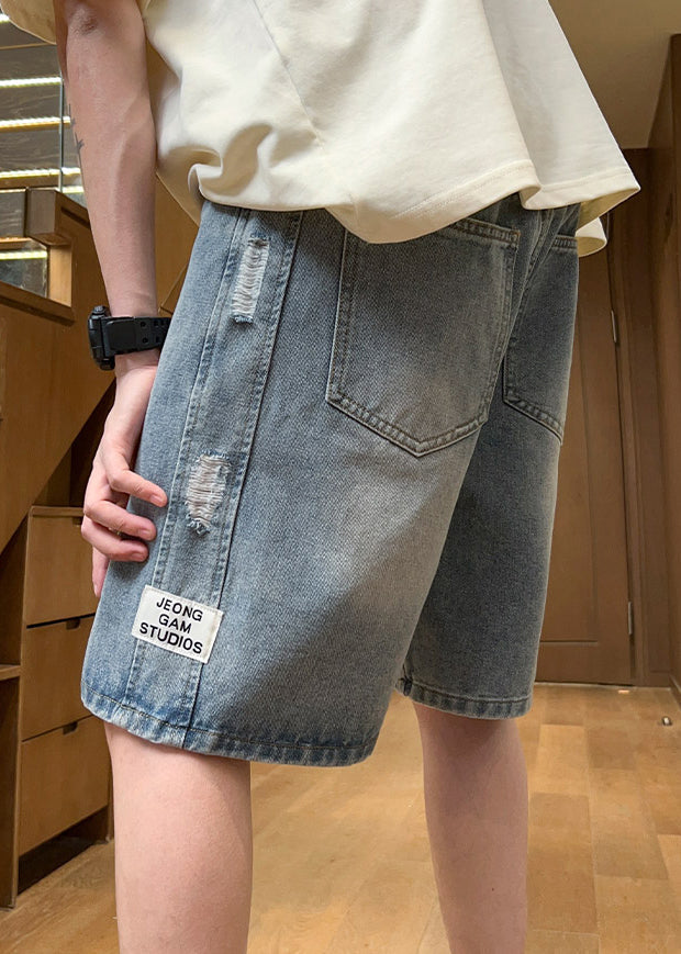 Feine hellblaue Loch-Schnürung, elastische Taille, Denim-Shorts für Herren, Sommer, YL027