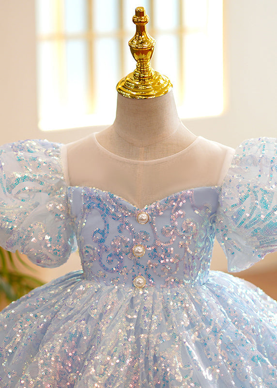 Feines hellblaues O-Ausschnitt Pailletten Tüll Mädchen Party Langes Kleid Sommer YS035