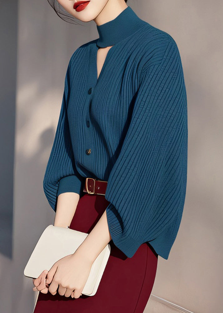 Pull en maille de coton ajouré à col roulé bleu paon fin, printemps TO038
