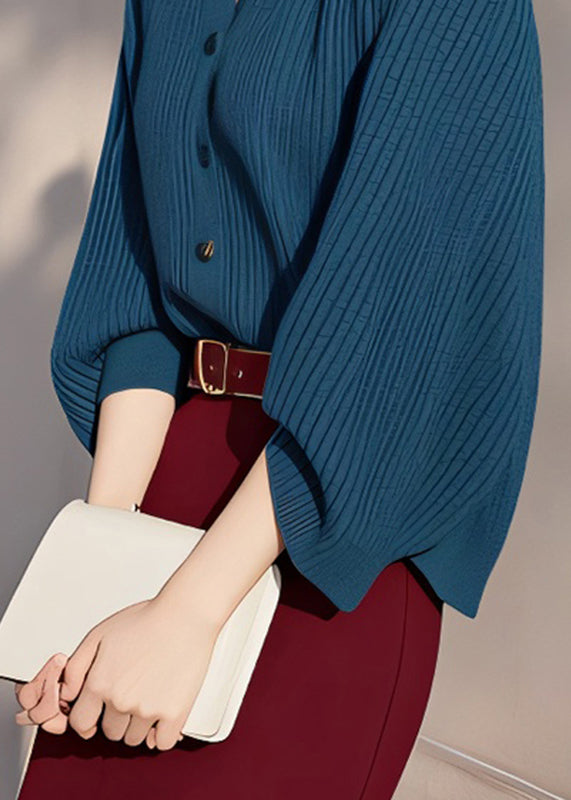 Pull en maille de coton ajouré à col roulé bleu paon fin, printemps TO038
