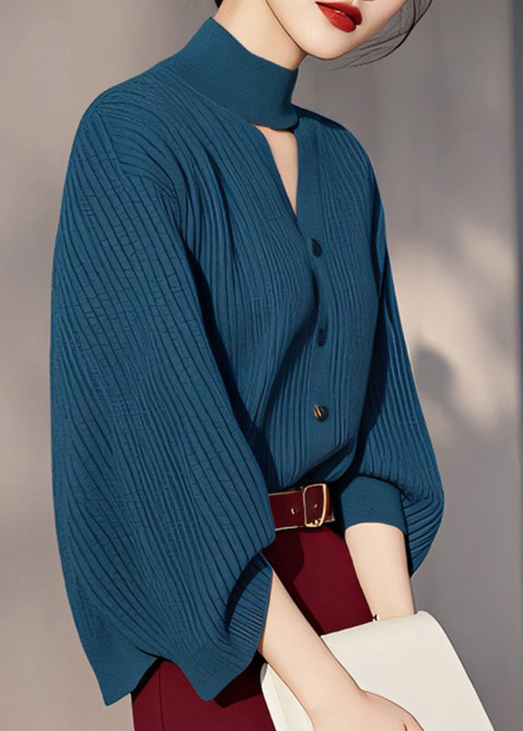 Pull en maille de coton ajouré à col roulé bleu paon fin, printemps TO038