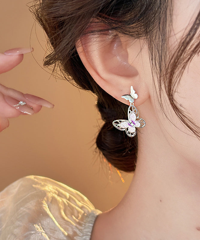 Glaze Pink Drop Butterfly Earrings Copper Hollow Fine Out