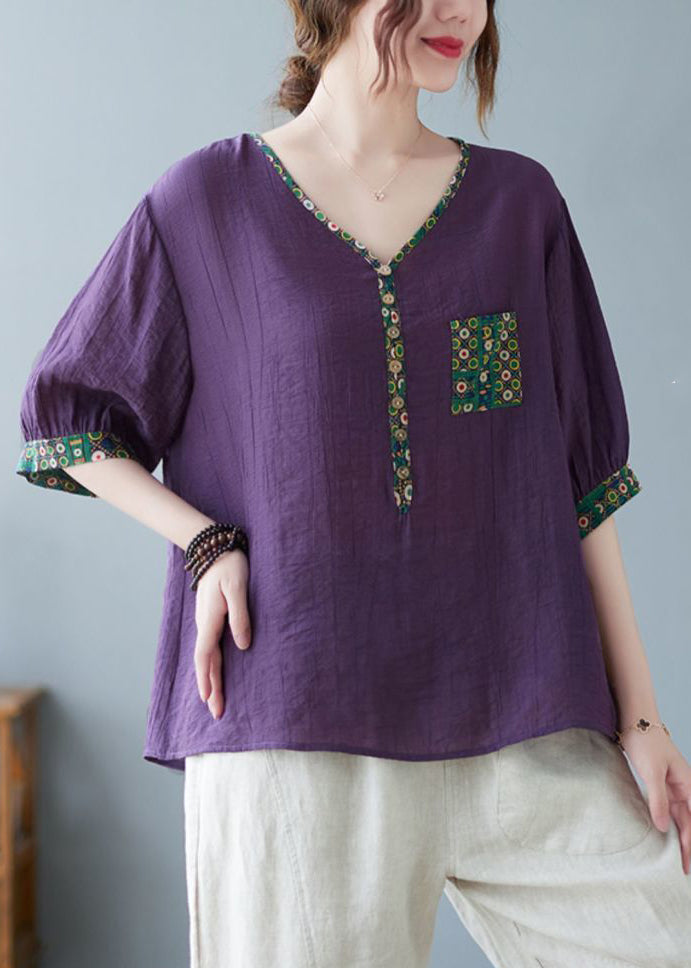 Print Half Sleeve Patchwork Fine Purple Top