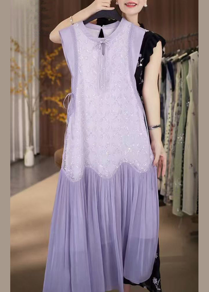 Up Chiffon Patchwork Pailletten Spitze Langes Kleid Fein Lila
